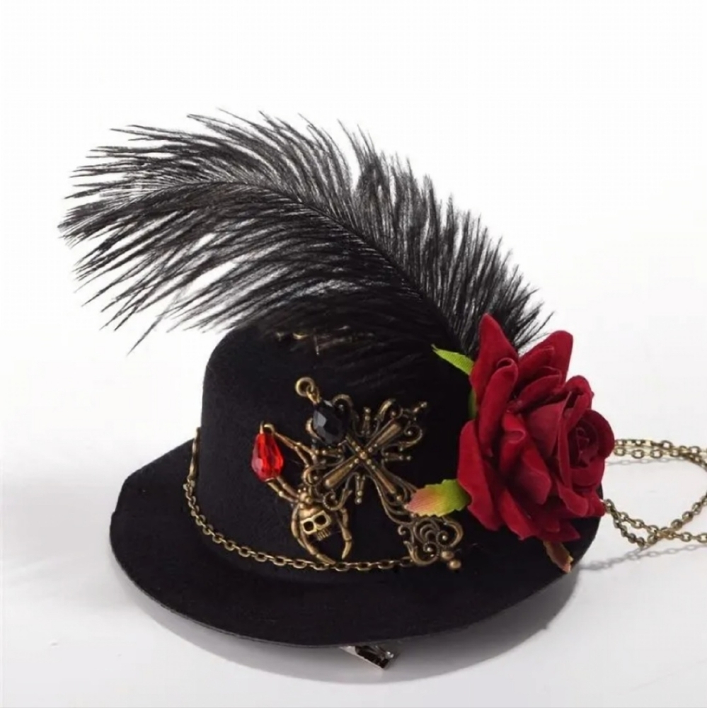 New! Steampunk Lolita Vintage Gear Feather Mini Top Hat Hairpin - Picture 3 of 11